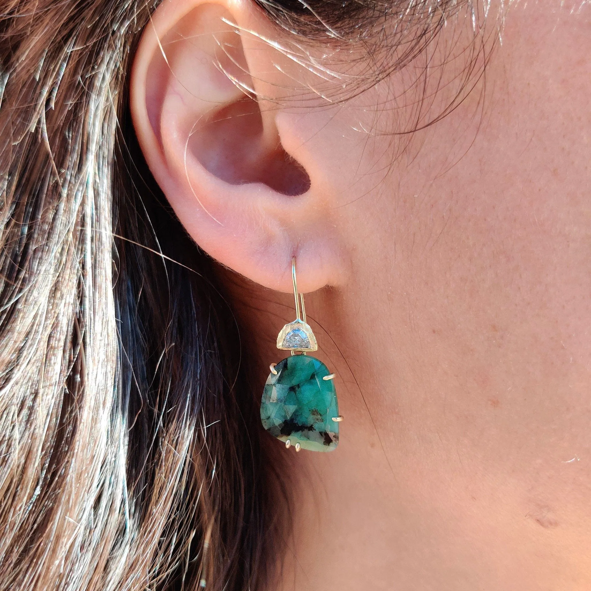 18K Moon Shaped Diamond and Emerald Drop Earrings