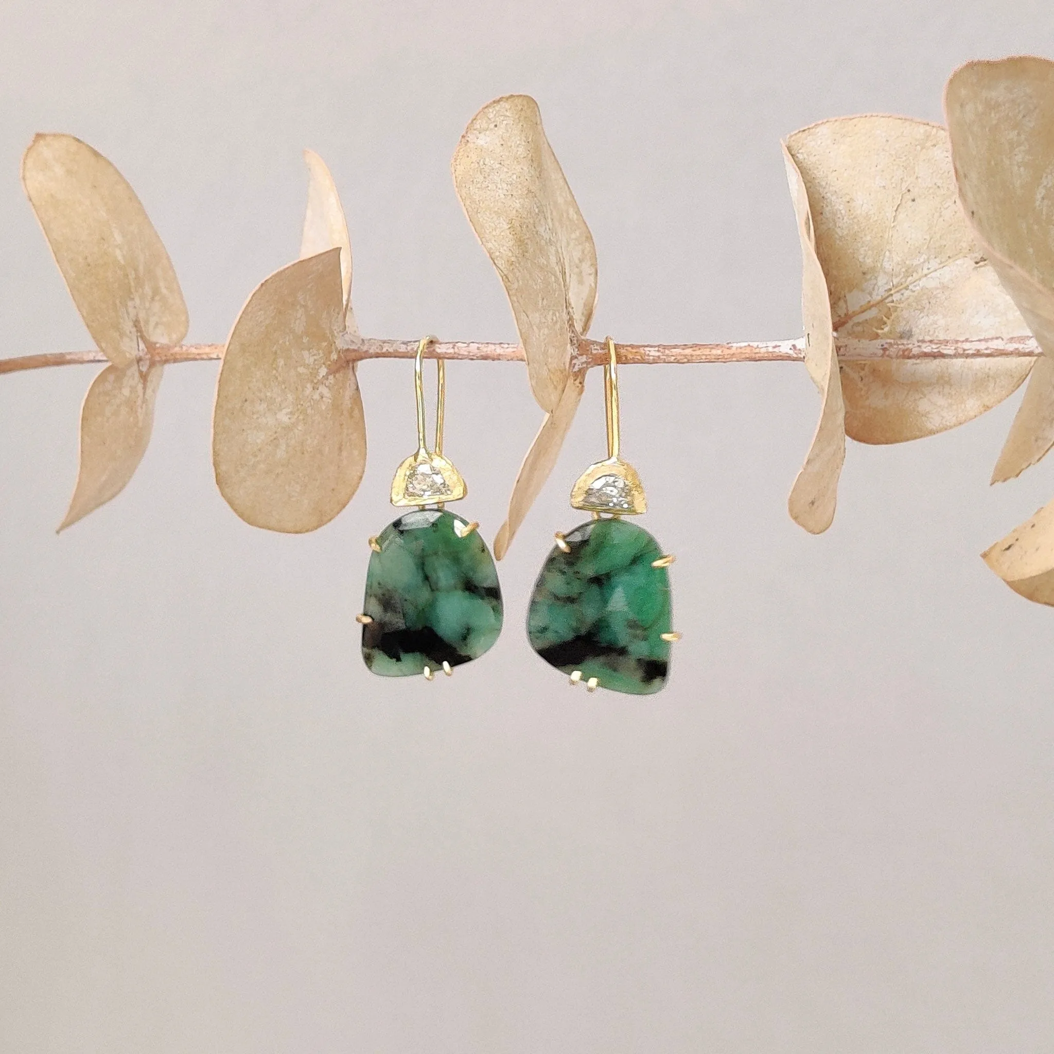 18K Moon Shaped Diamond and Emerald Drop Earrings