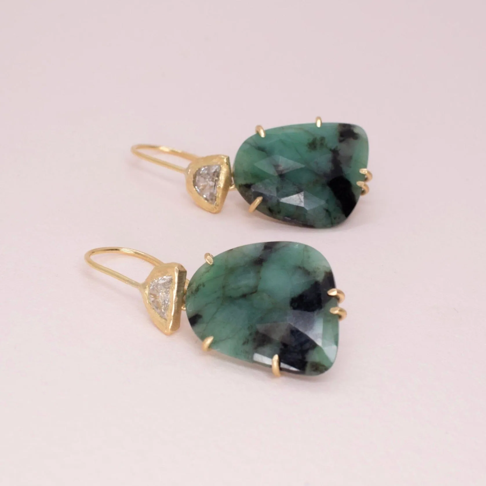 18K Moon Shaped Diamond and Emerald Drop Earrings