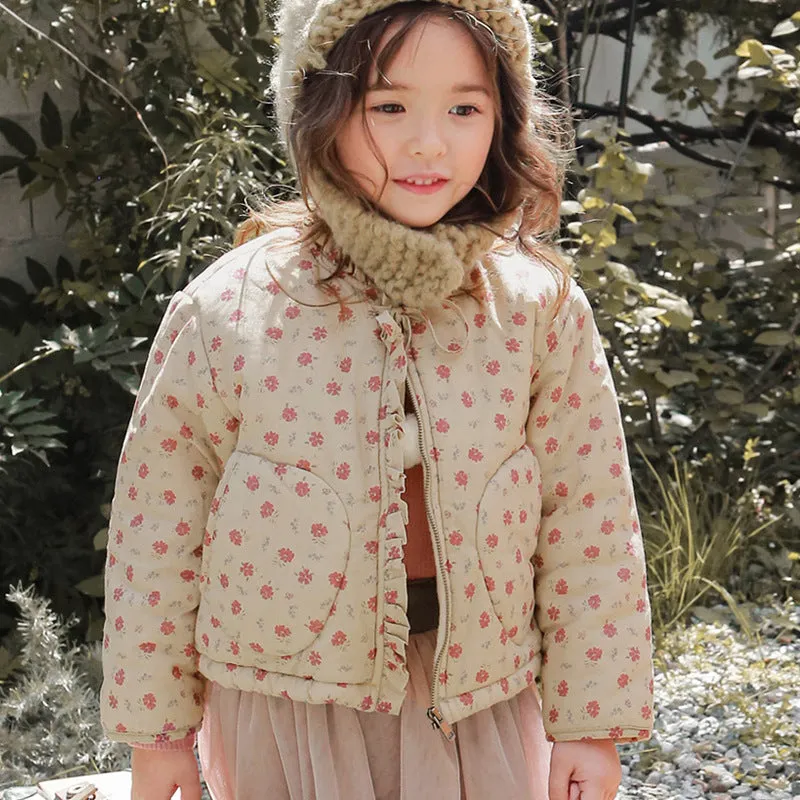 2022 Autumn and Winter Girls Lace-up Fur Ball Flower Print Zipper Jacket