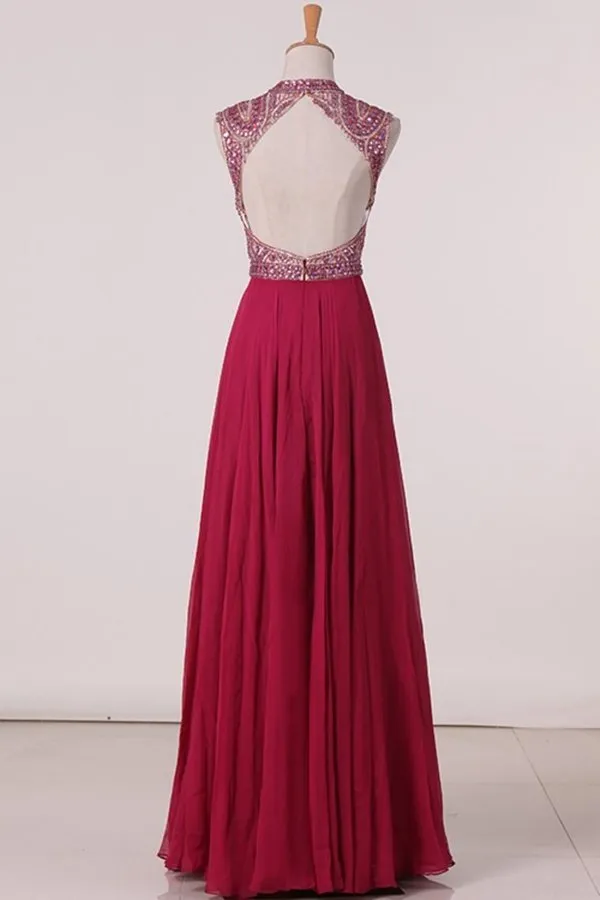 2024 Open Back Prom Dresses A Line Chiffon With Beading Floor P9TE86KC