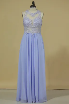 2024 Prom Dresses Open Back Scoop Chiffon With Applique And Beads Sweep Train A PM7JY5Q7