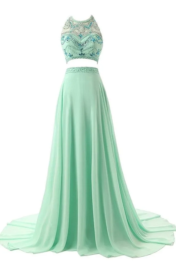 2024 Two-Piece A Line Prom Dresses Halter Chiffon PK8A55PF