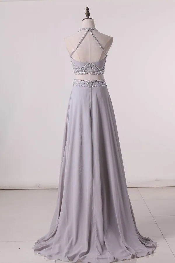 2024 Two-Piece A Line Prom Dresses Halter Chiffon PK8A55PF