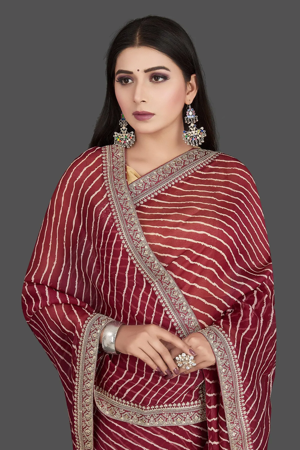 90L469 Maroon Leheriya Organza Silk Sari with Embroidered Border