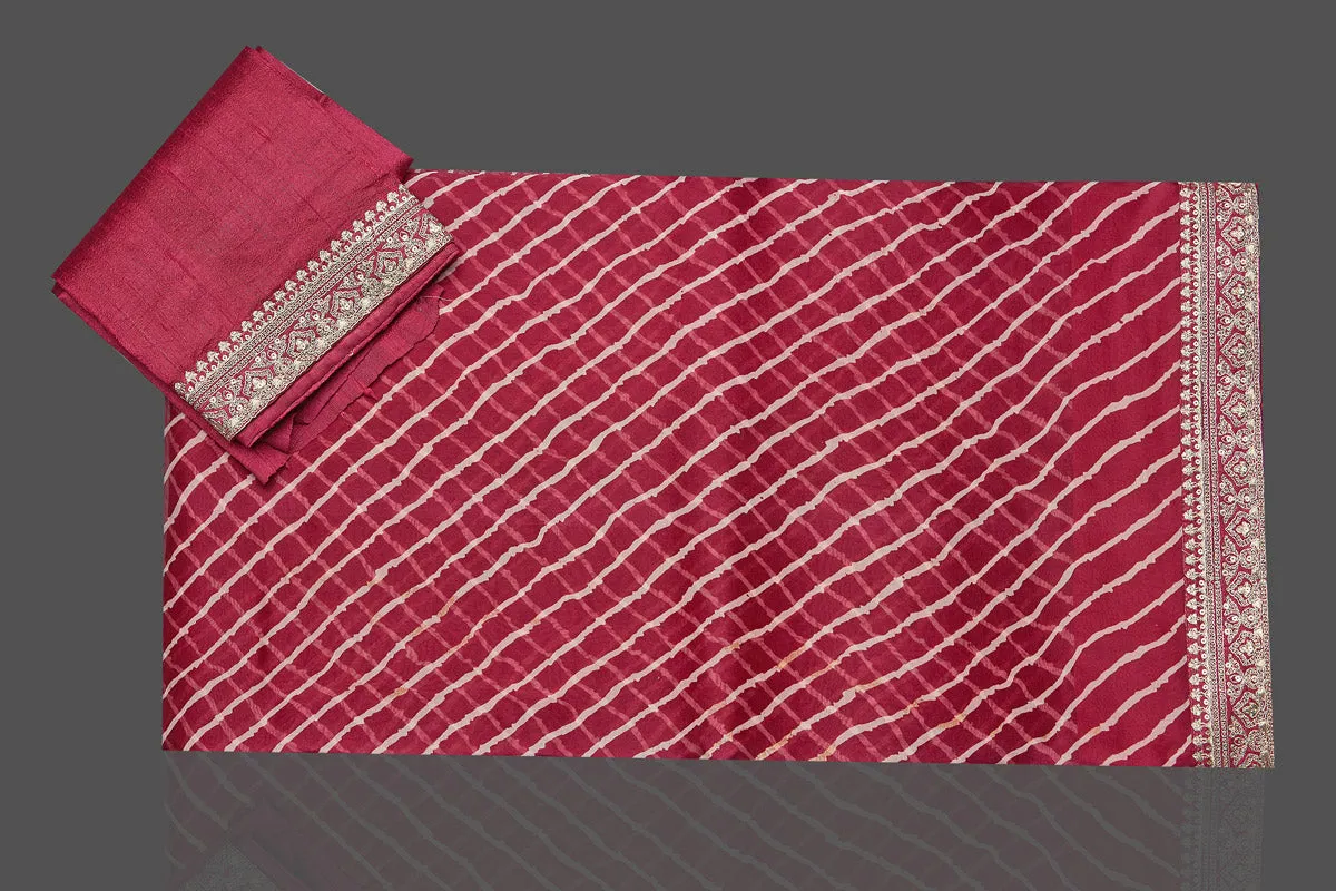 90L469 Maroon Leheriya Organza Silk Sari with Embroidered Border