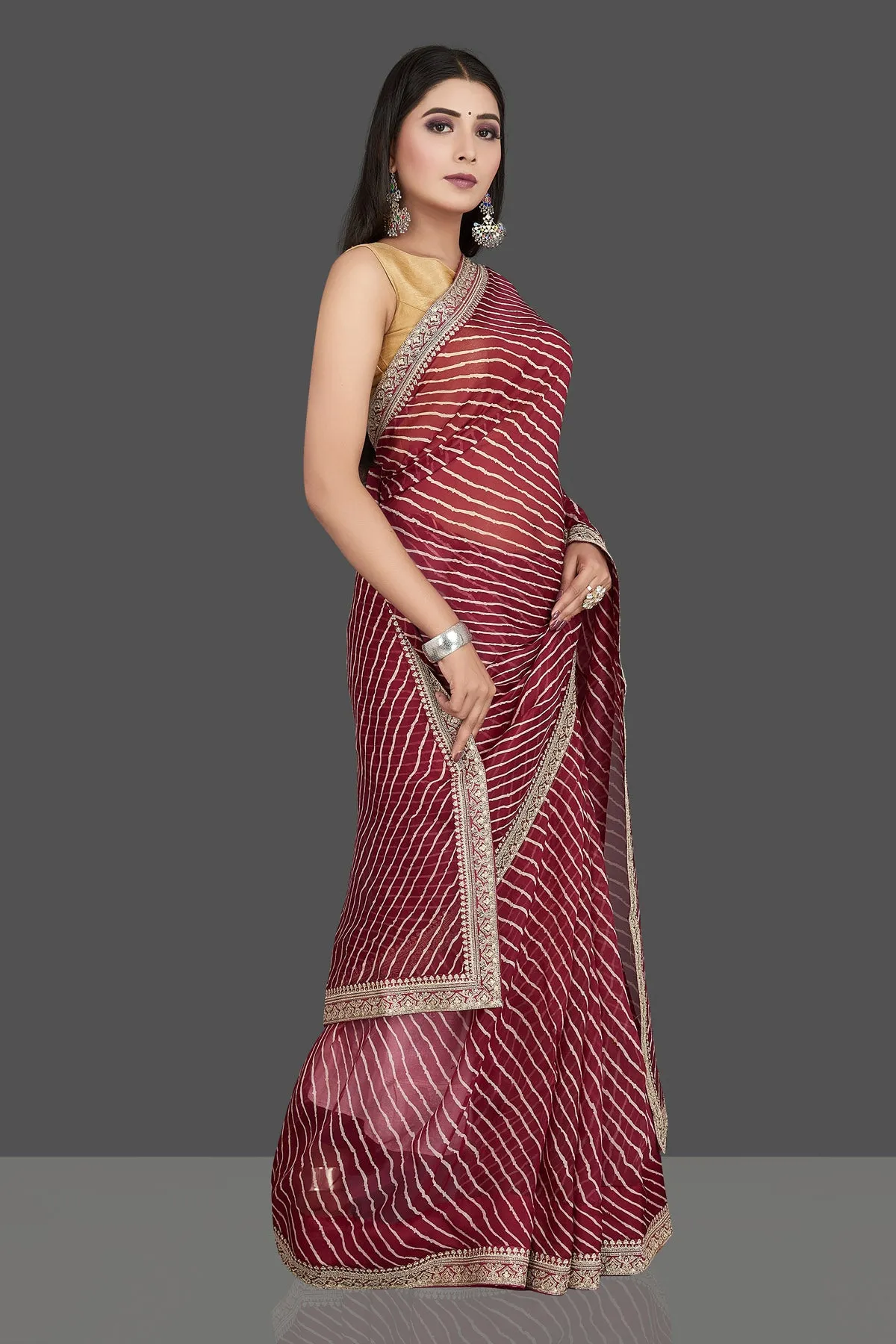 90L469 Maroon Leheriya Organza Silk Sari with Embroidered Border