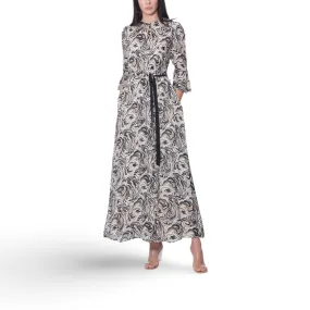 Abstract Print Belted Long Dress