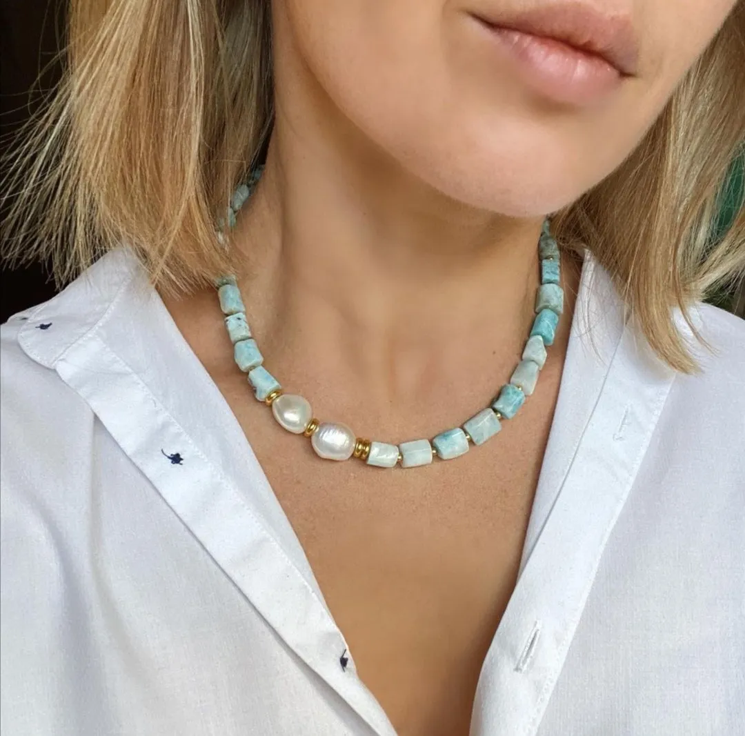 Aquamarine and Baroque Freshwater Pearl Statement Necklace