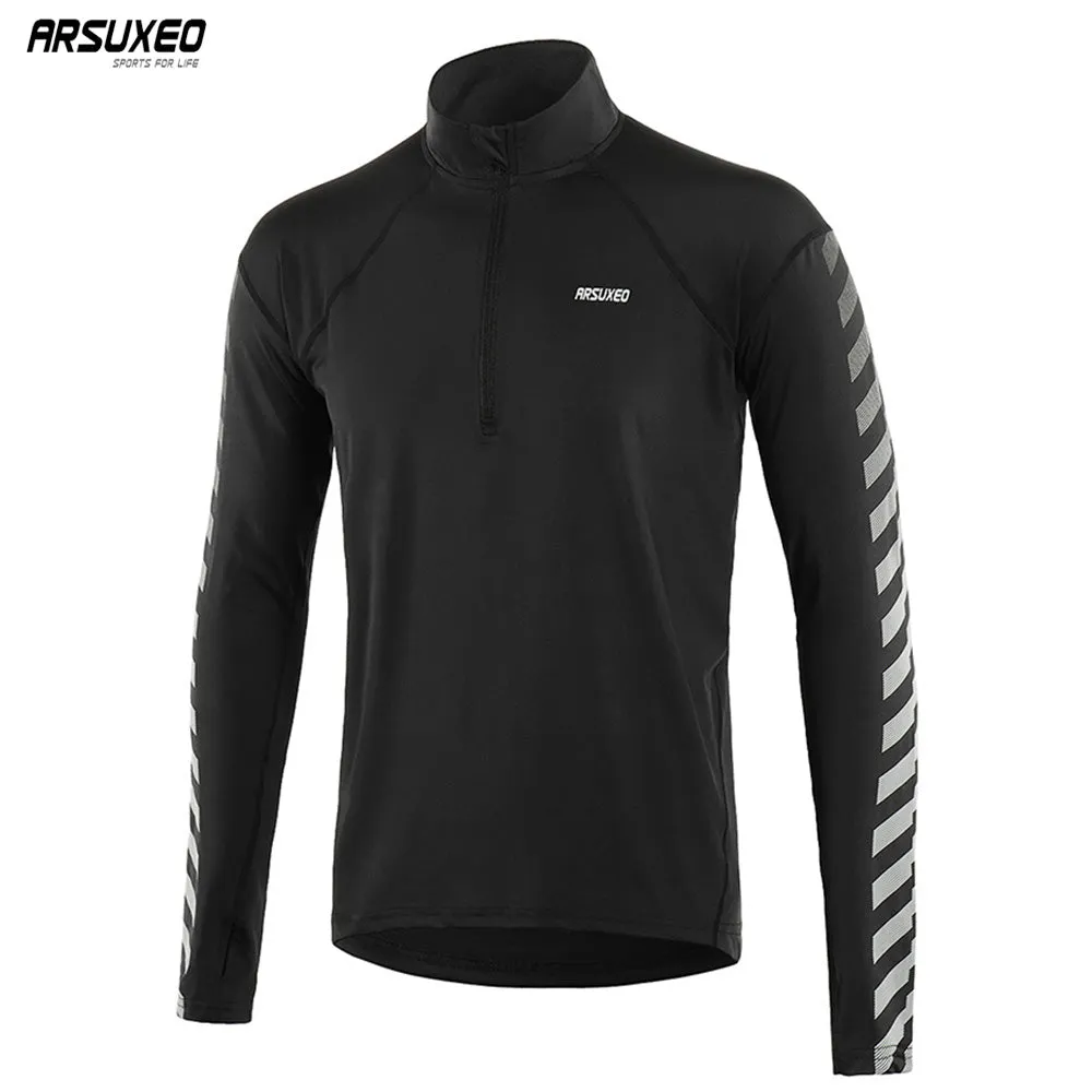 ARSUXEO Men's Outdoor Sports Dry Fit Running Shirts Long Sleeve Elastic Half- Zipper Shirts Running Clothing Reflective 18T6