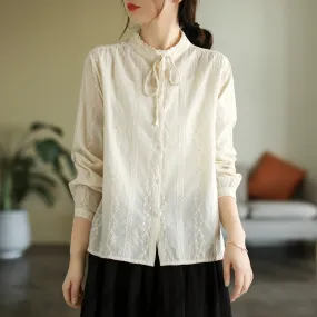 Autumn Retro Lace Embroidery Loose Cotton Blouse