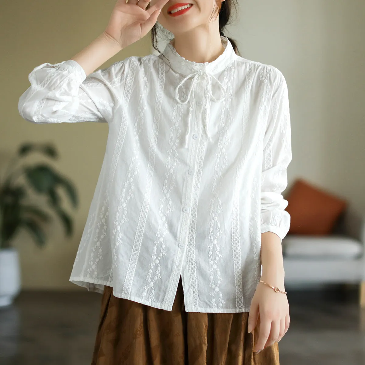 Autumn Retro Lace Embroidery Loose Cotton Blouse