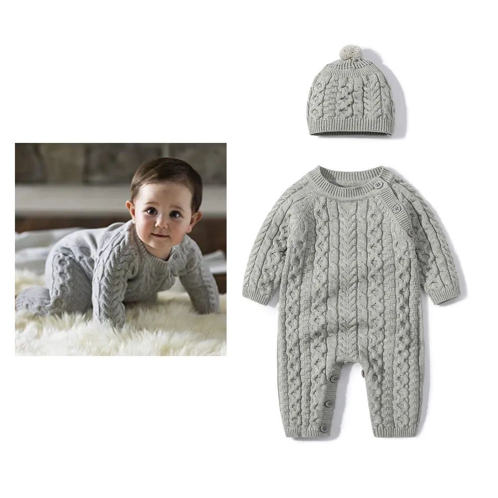 Baby Boys Girls Solid Color Twist Slant Button Down Knit Romper Hat Set