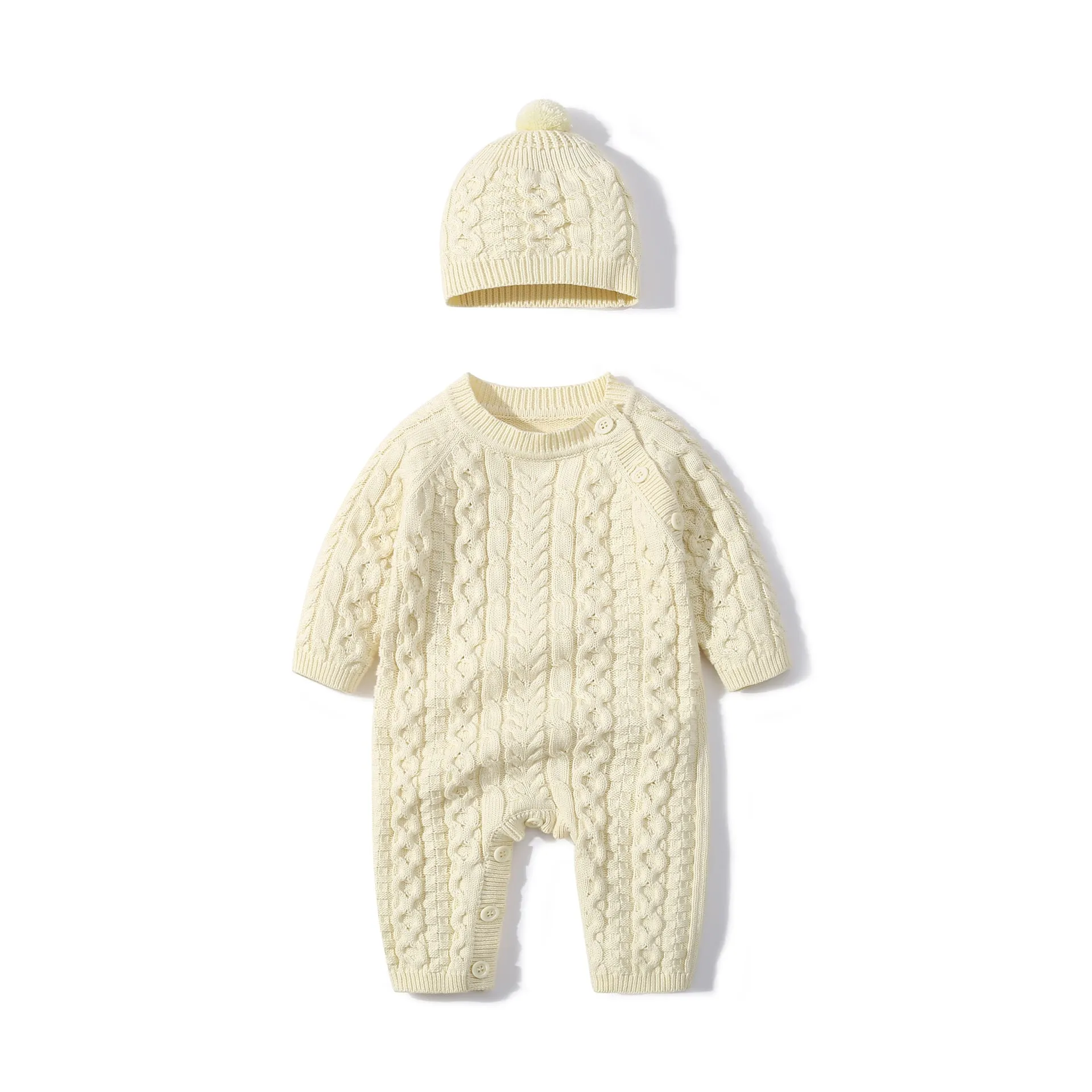 Baby Boys Girls Solid Color Twist Slant Button Down Knit Romper Hat Set