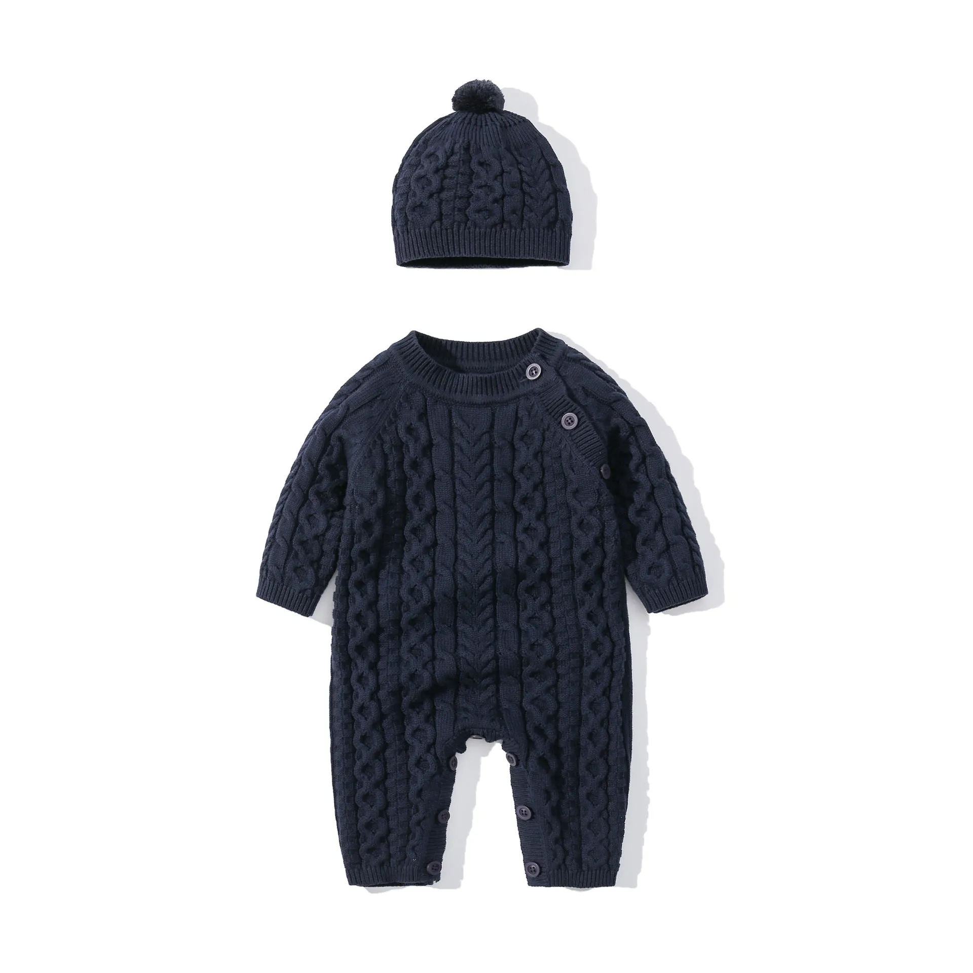 Baby Boys Girls Solid Color Twist Slant Button Down Knit Romper Hat Set