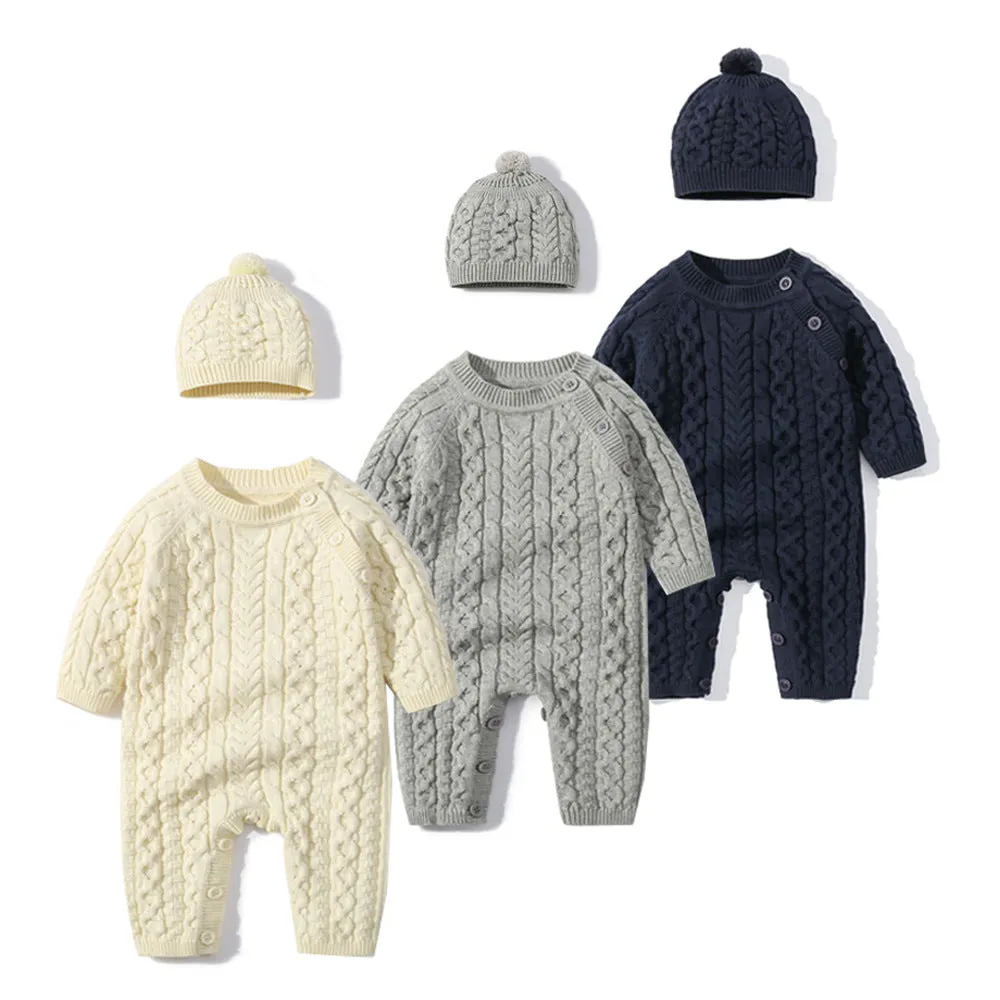 Baby Boys Girls Solid Color Twist Slant Button Down Knit Romper Hat Set