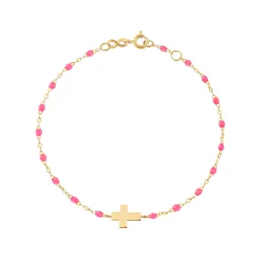 Baby Cross Charm Classic Gigi Pink bracelet, Yellow Gold, 5.1"