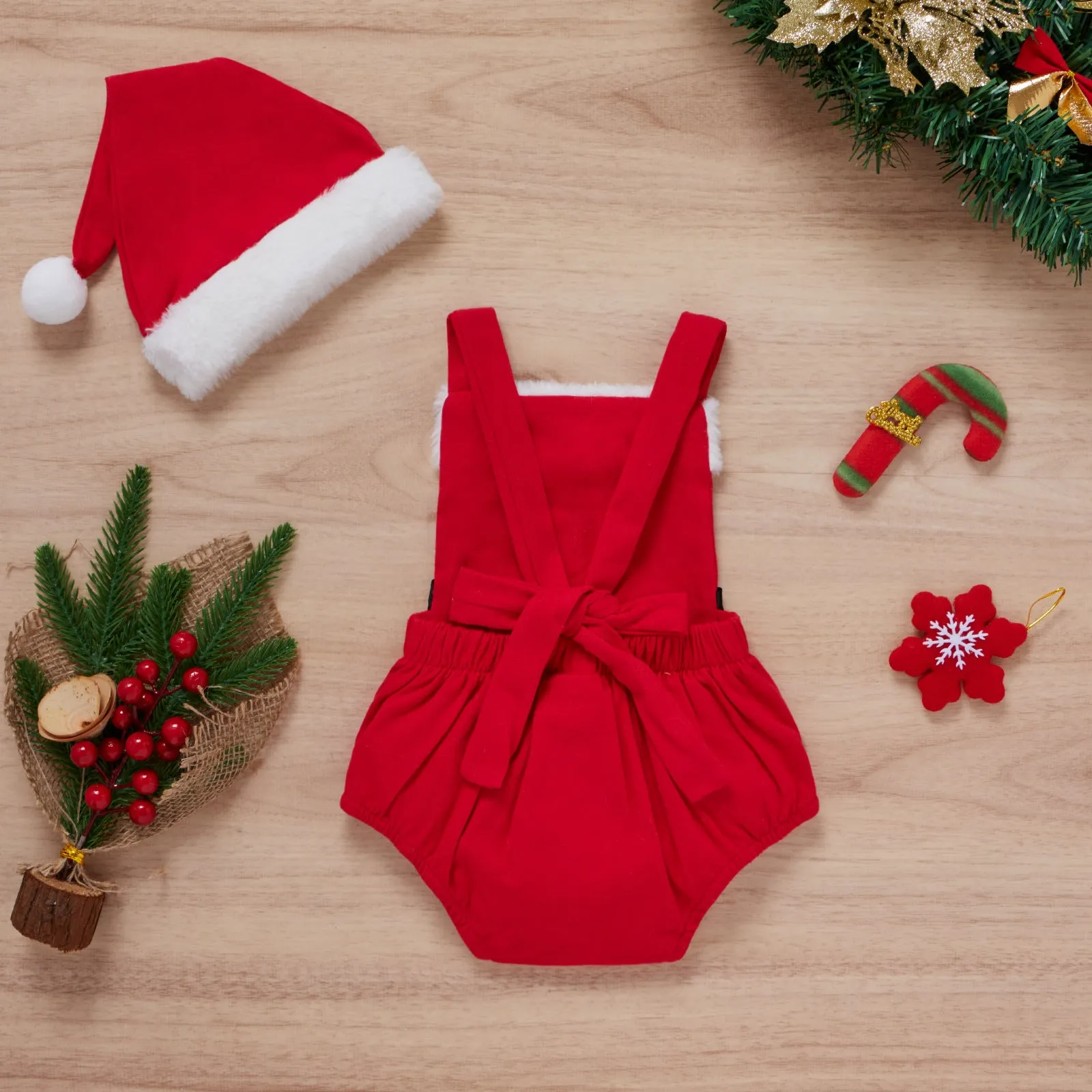 Baby Girls Solid Color Fur Collar Halter Christmas Jumpsuit Set