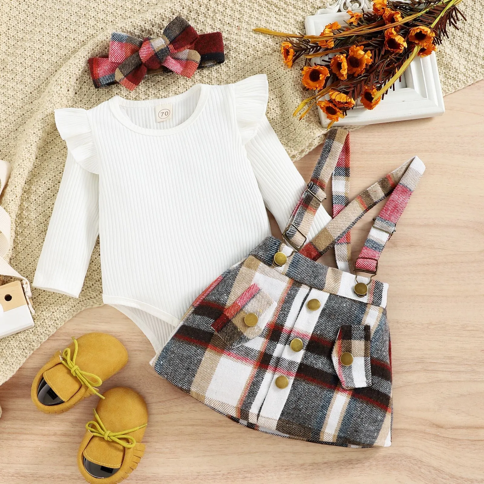 Baby Girls Solid Color Long-sleeved Knitted Jumpsuit Plaid Straps Dress Bow Hair Accessories Set