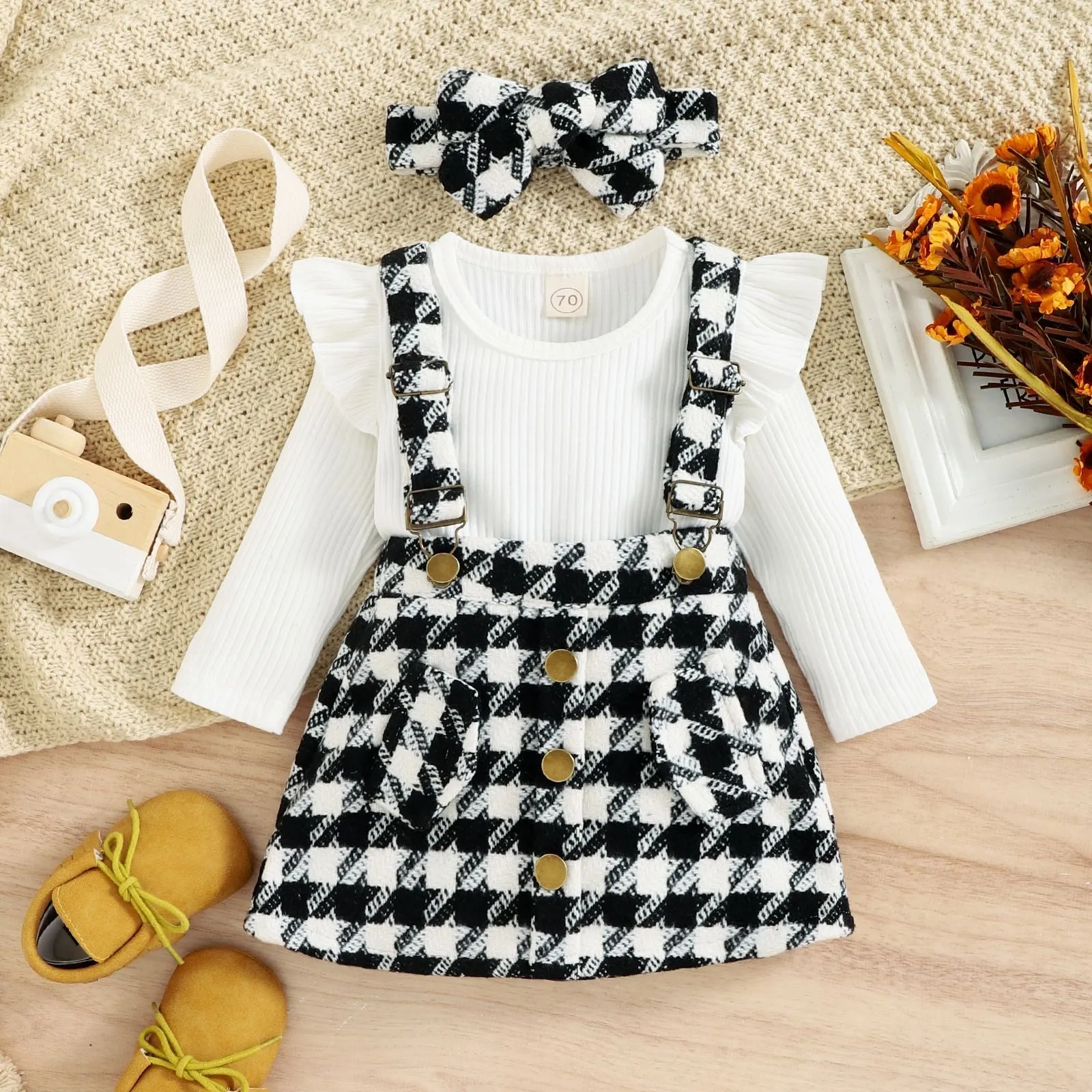 Baby Girls Solid Color Long-sleeved Knitted Jumpsuit Plaid Straps Dress Bow Hair Accessories Set