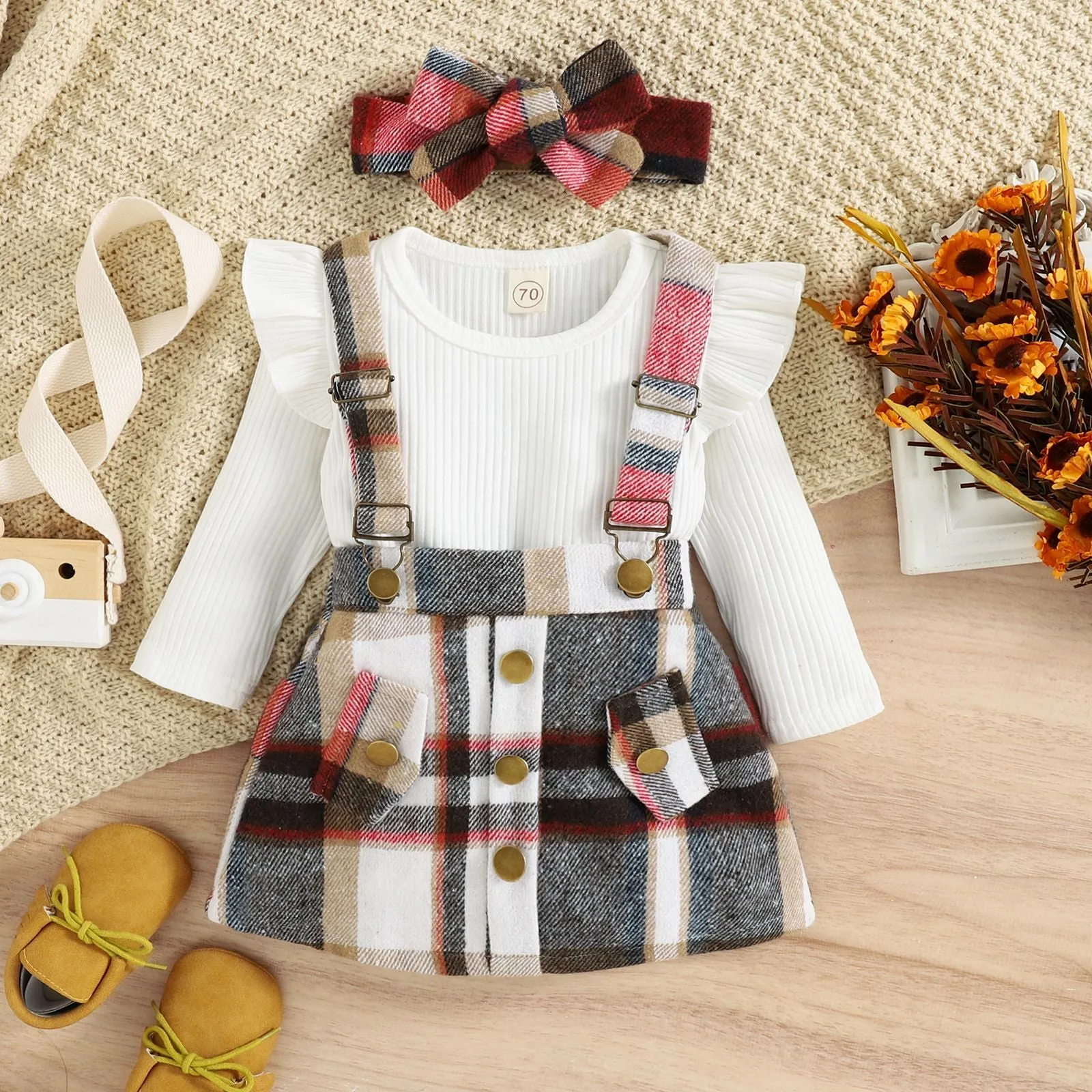 Baby Girls Solid Color Long-sleeved Knitted Jumpsuit Plaid Straps Dress Bow Hair Accessories Set