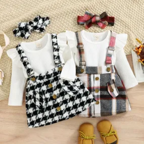 Baby Girls Solid Color Long-sleeved Knitted Jumpsuit Plaid Straps Dress Bow Hair Accessories Set