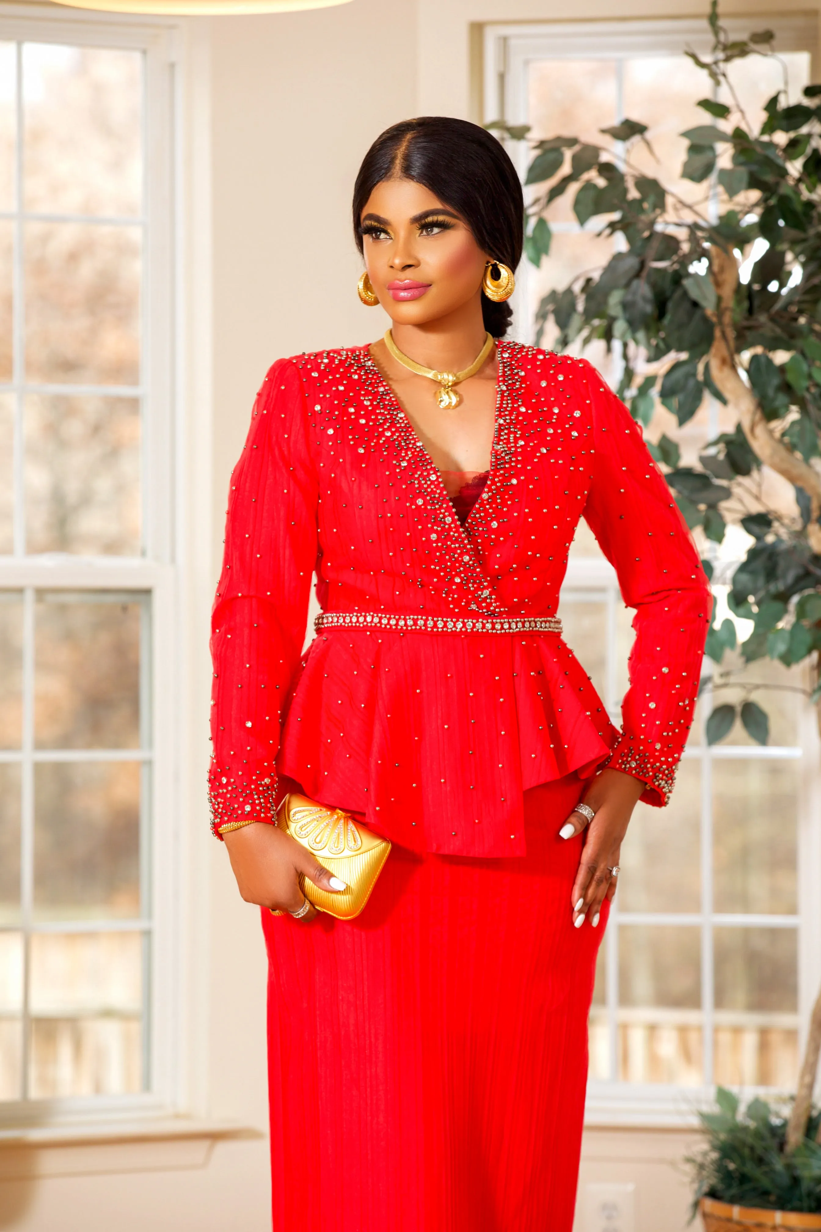 BEADED BELTED PEPLUM MAXI DRESS(RED)