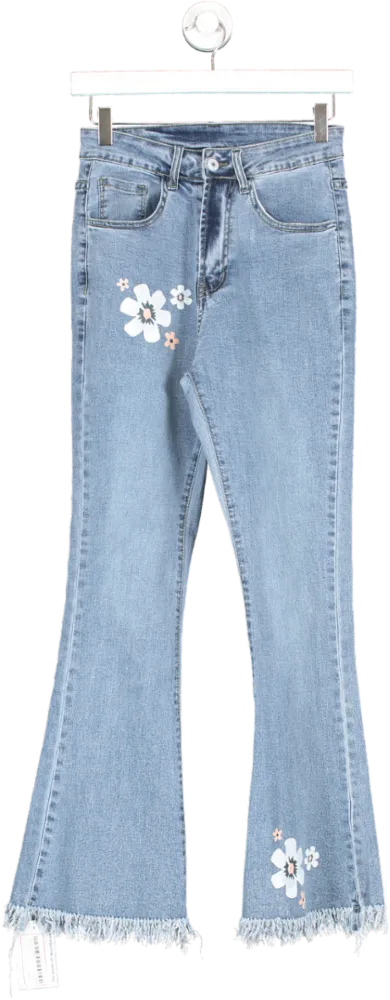 Blue Frayed Hem Flared Flower Detail Jeans UK S