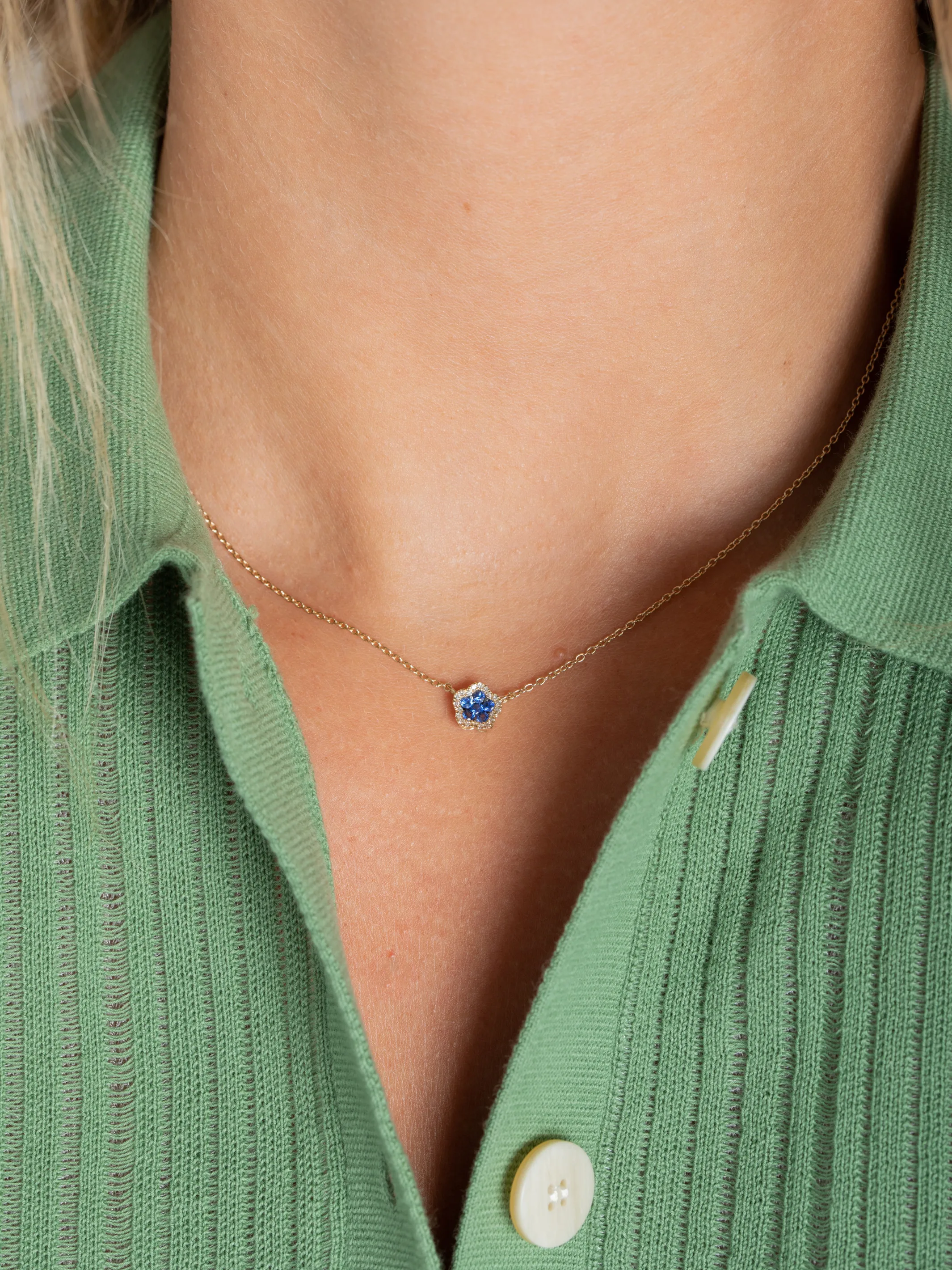 Blue Sapphire Flower Necklace 14K