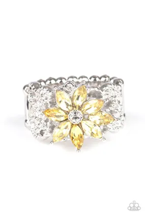 Brilliantly Blooming Yellow Rhinestone Flower Ring - Paparazzi Accessories