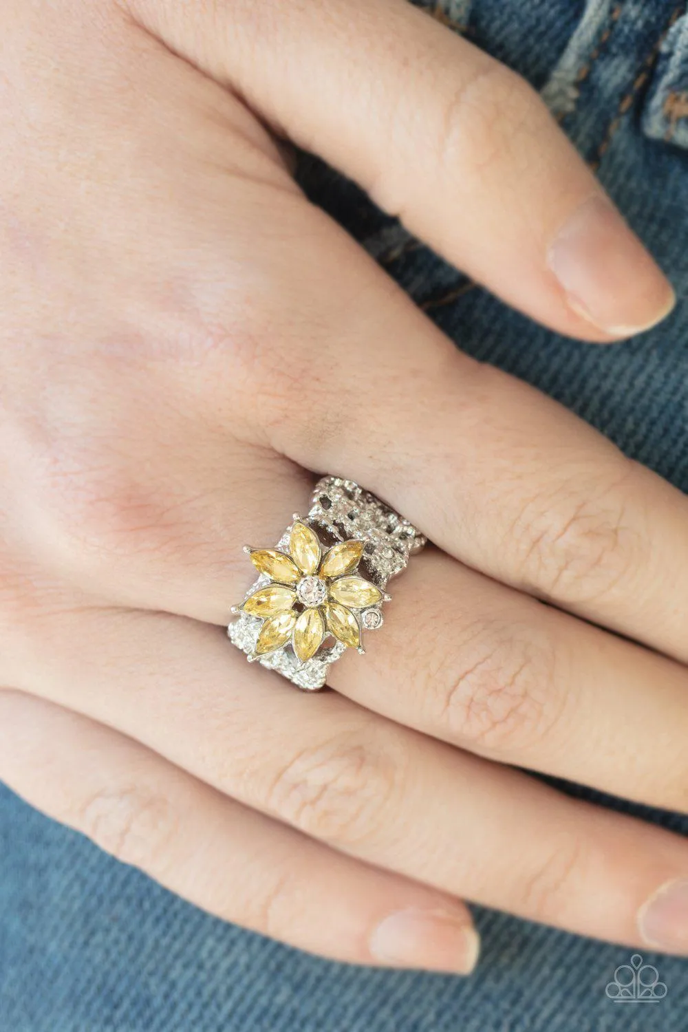 Brilliantly Blooming Yellow Rhinestone Flower Ring - Paparazzi Accessories