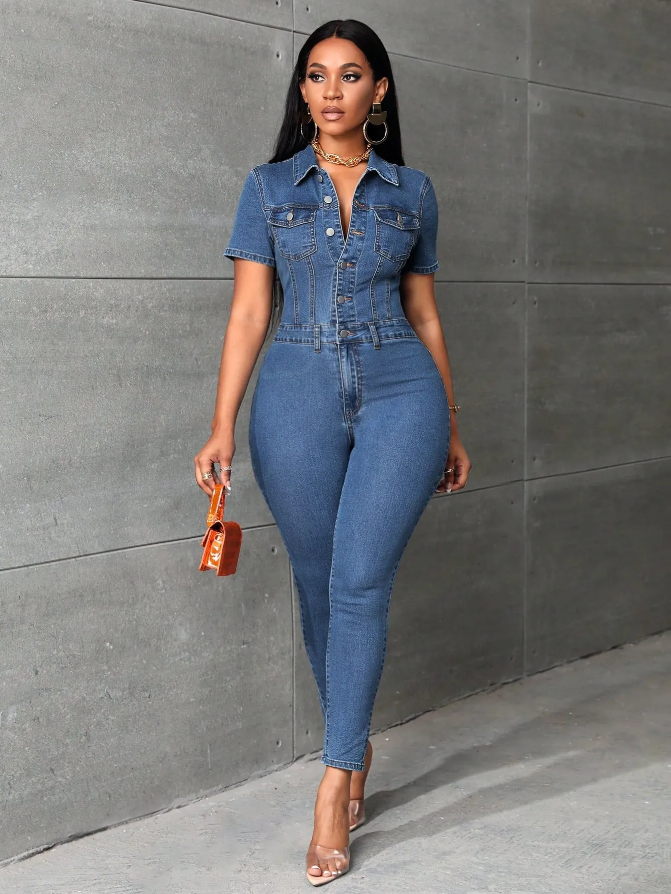 Button Up Denim Jumpsuit