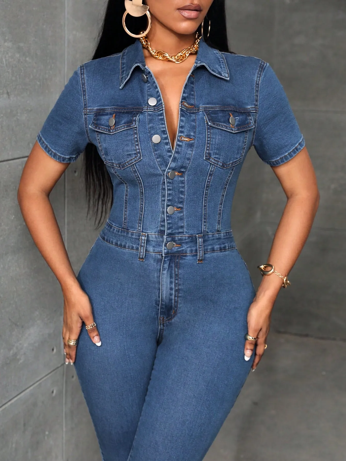 Button Up Denim Jumpsuit