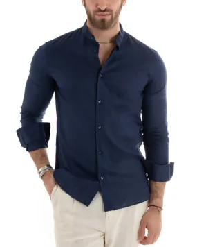 Camicia Uomo Collo Coreano Manica Lunga Lino Tinta Unita Sartoriale Blu GIOSAL-C2664A