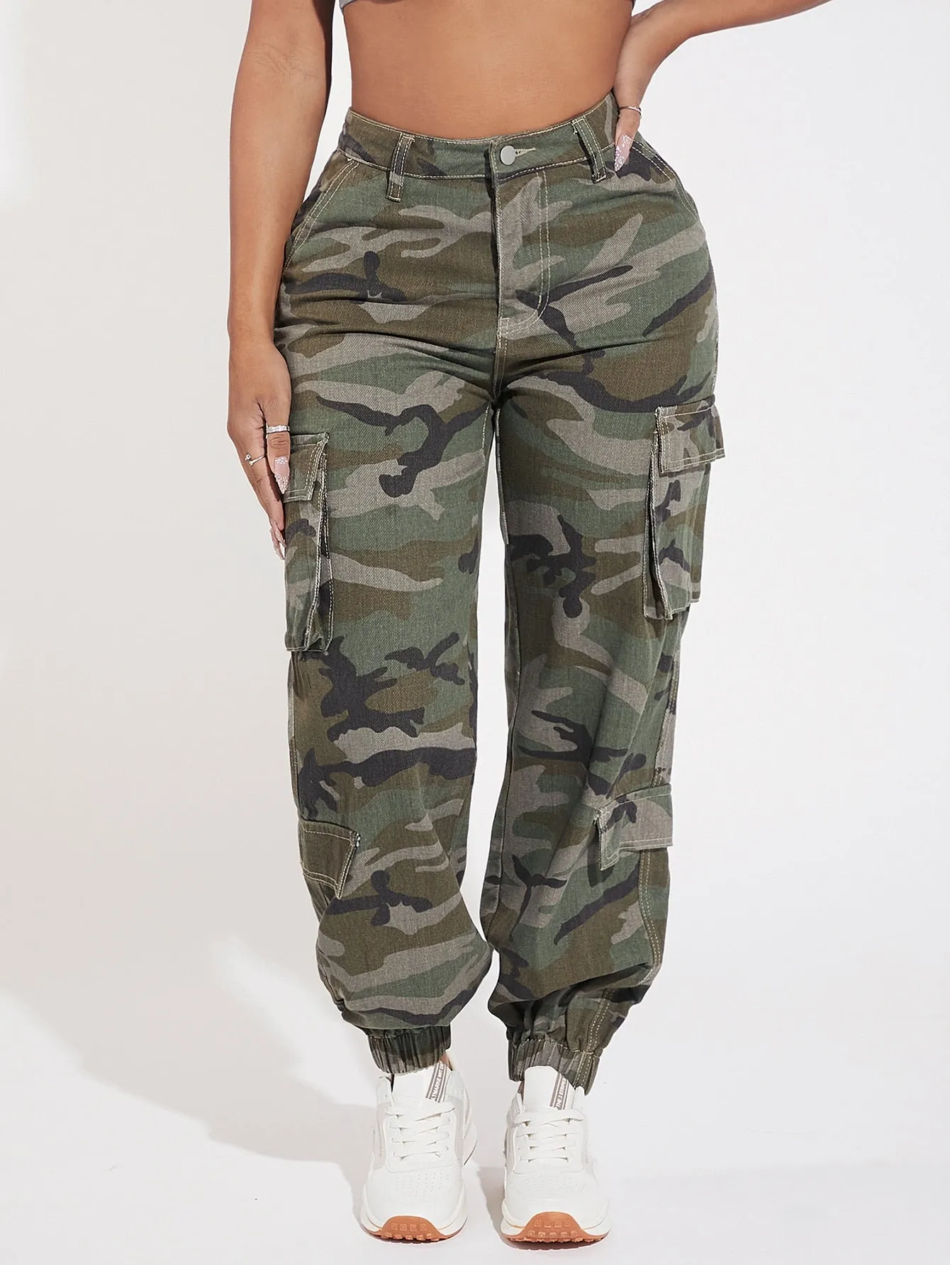 Camo Print Flap Pocket Side Cargo Jeans