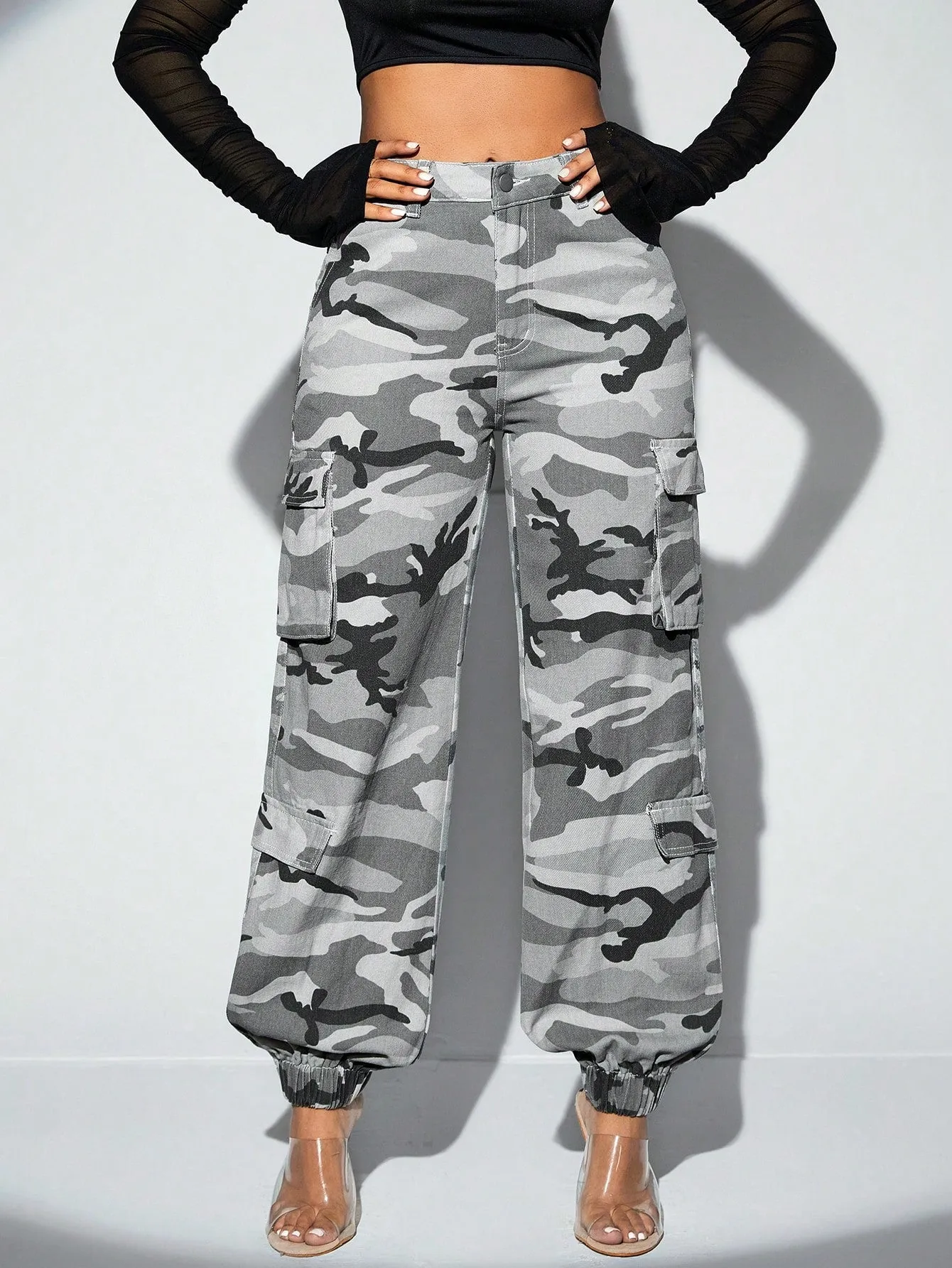 Camo Print Flap Pocket Side Cargo Jeans