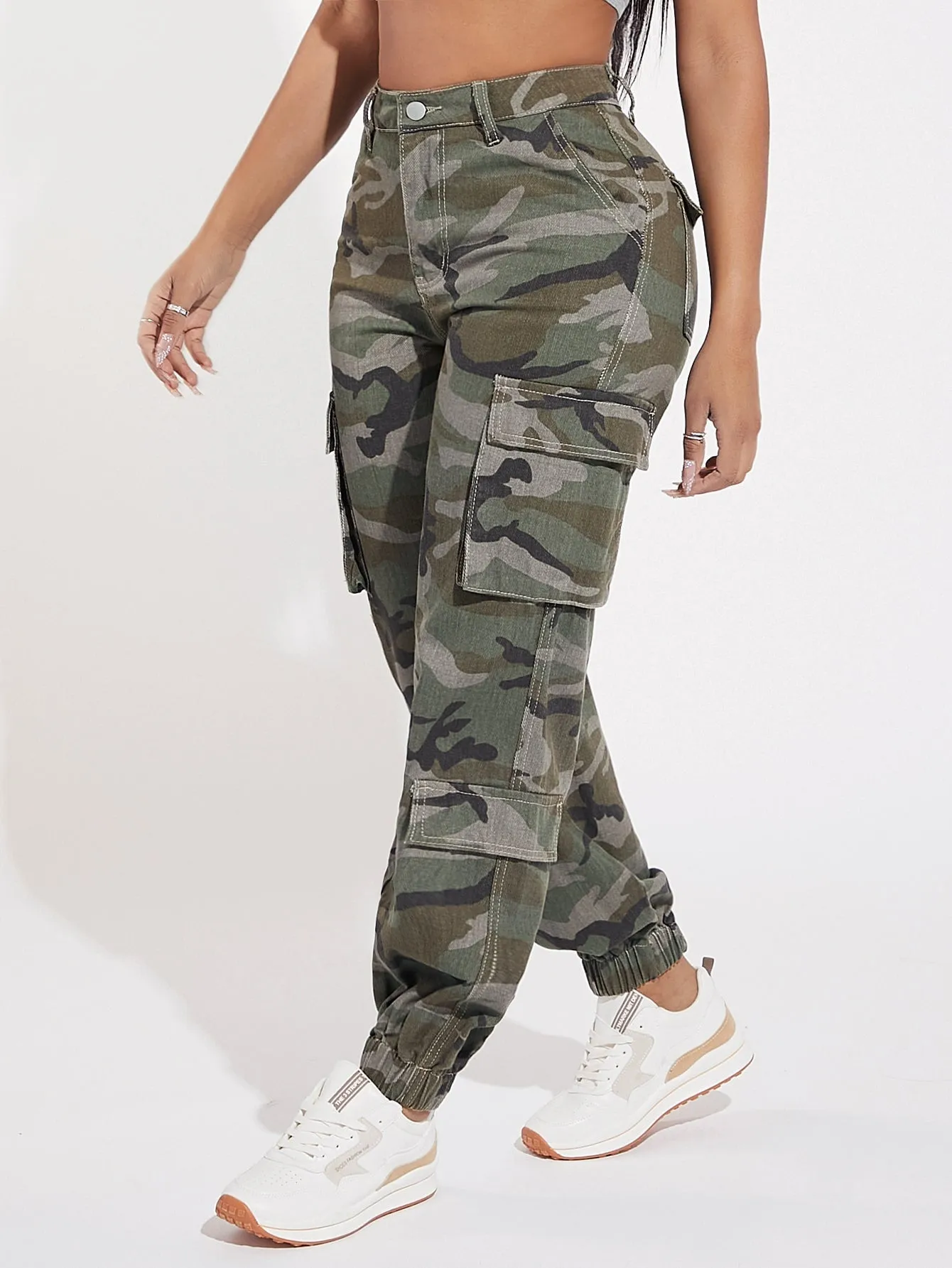 Camo Print Flap Pocket Side Cargo Jeans