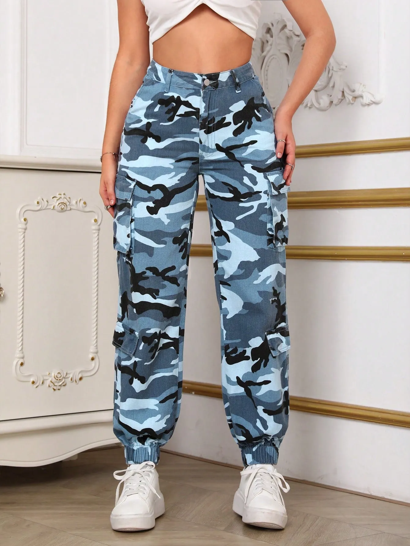 Camo Print Flap Pocket Side Cargo Jeans