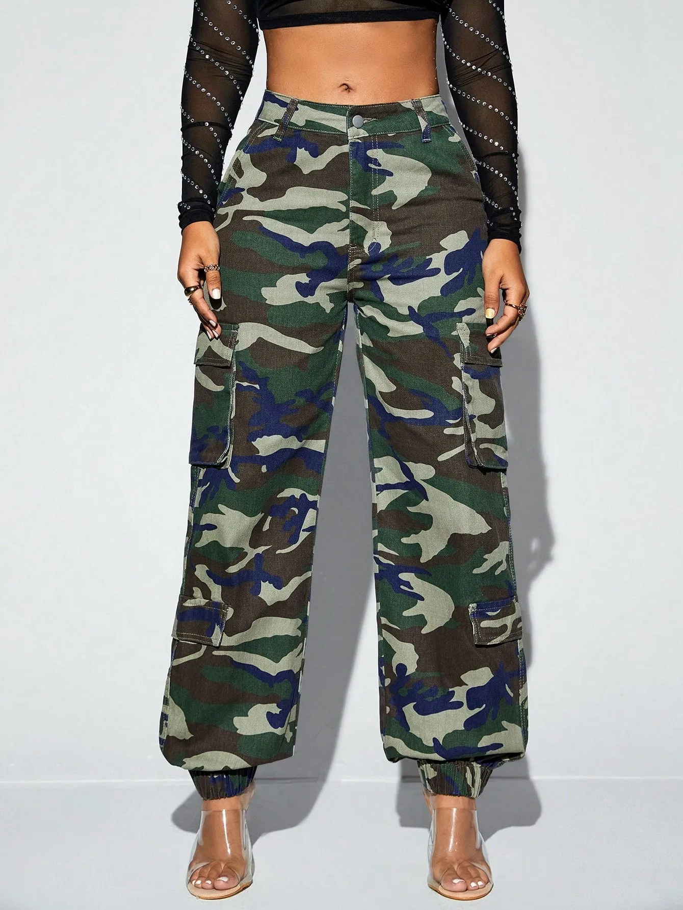 Camo Print Flap Pocket Side Cargo Jeans