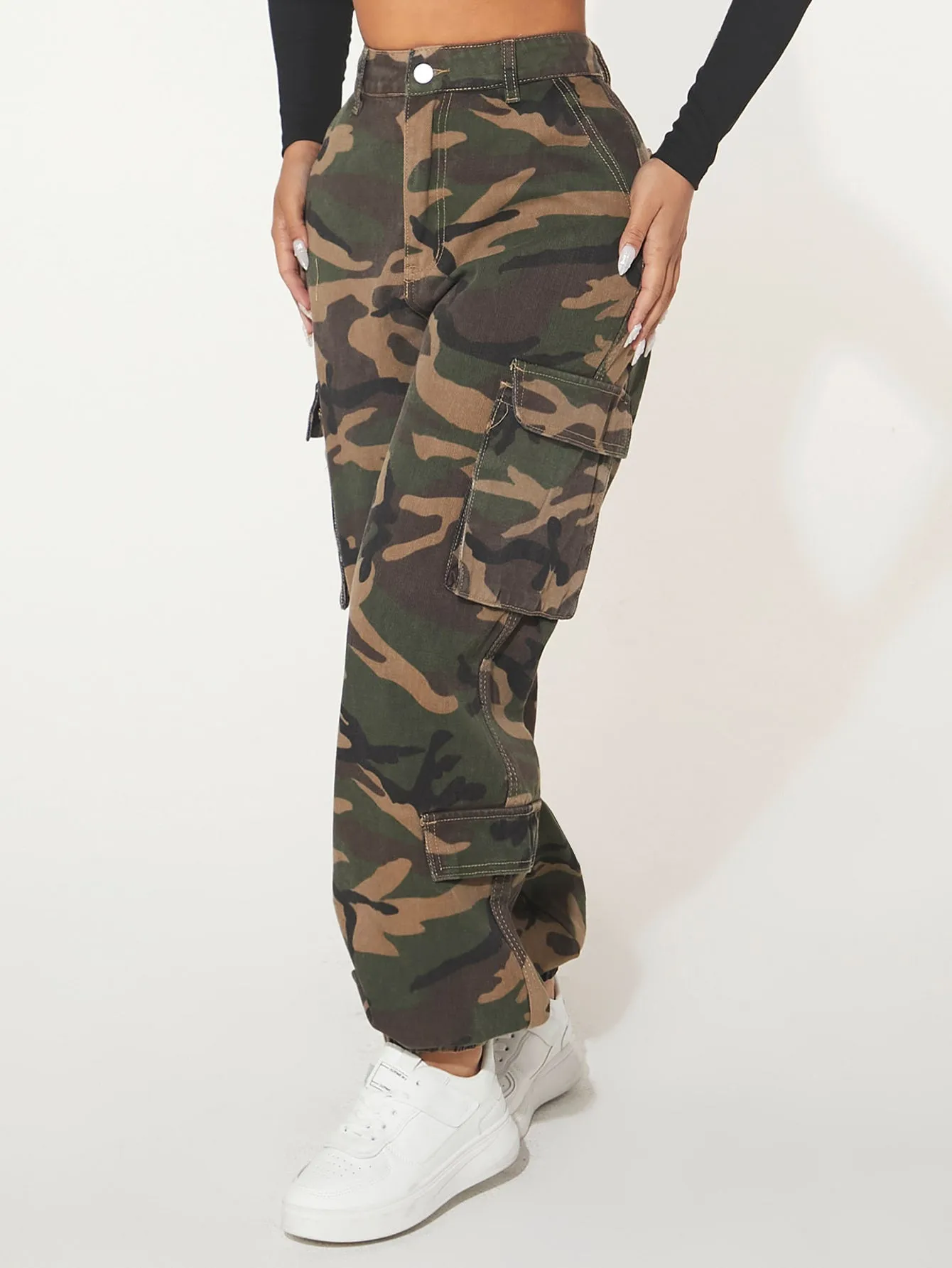 Camo Print Flap Pocket Side Cargo Jeans