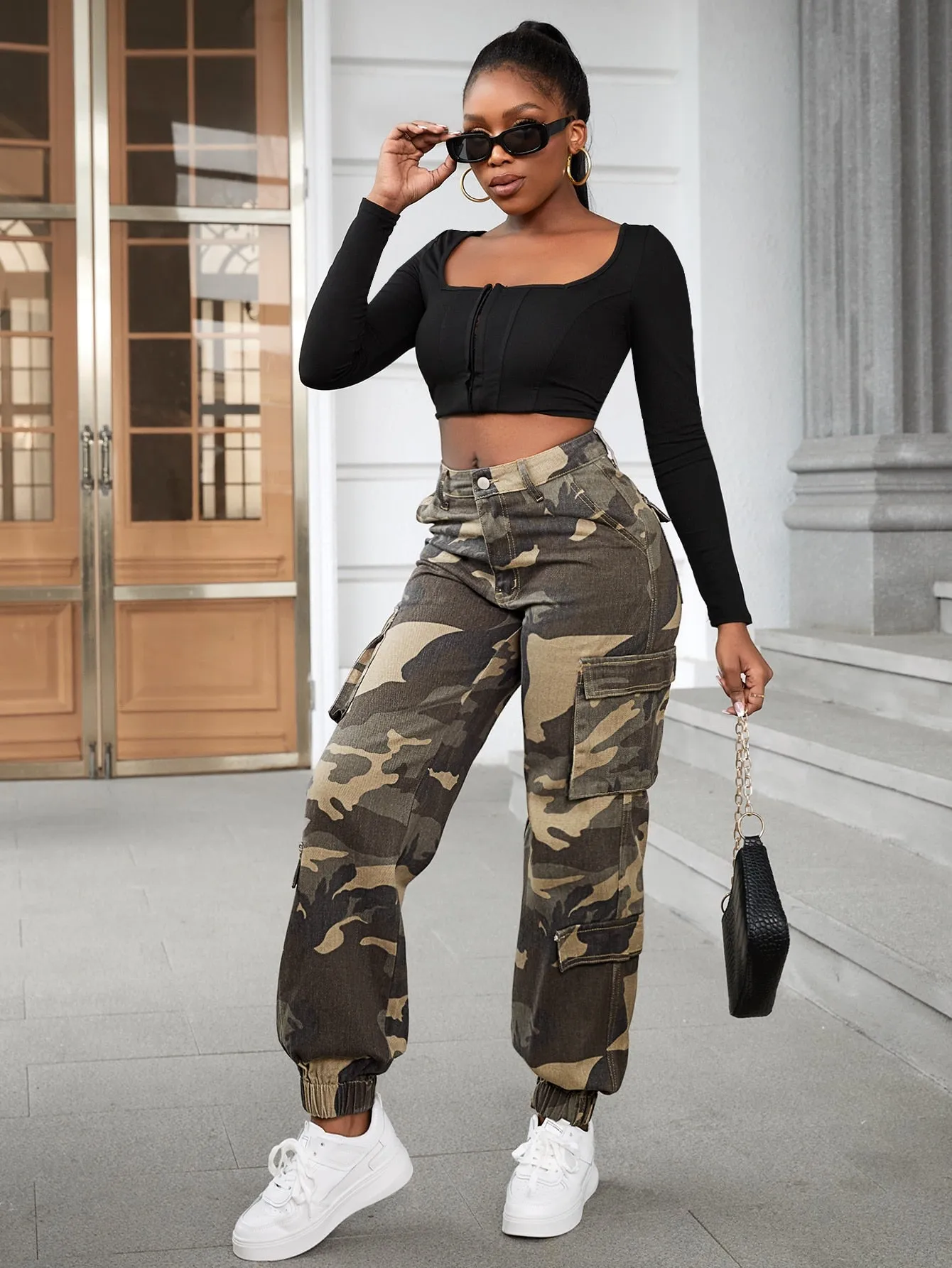 Camo Print Flap Pocket Side Cargo Jeans