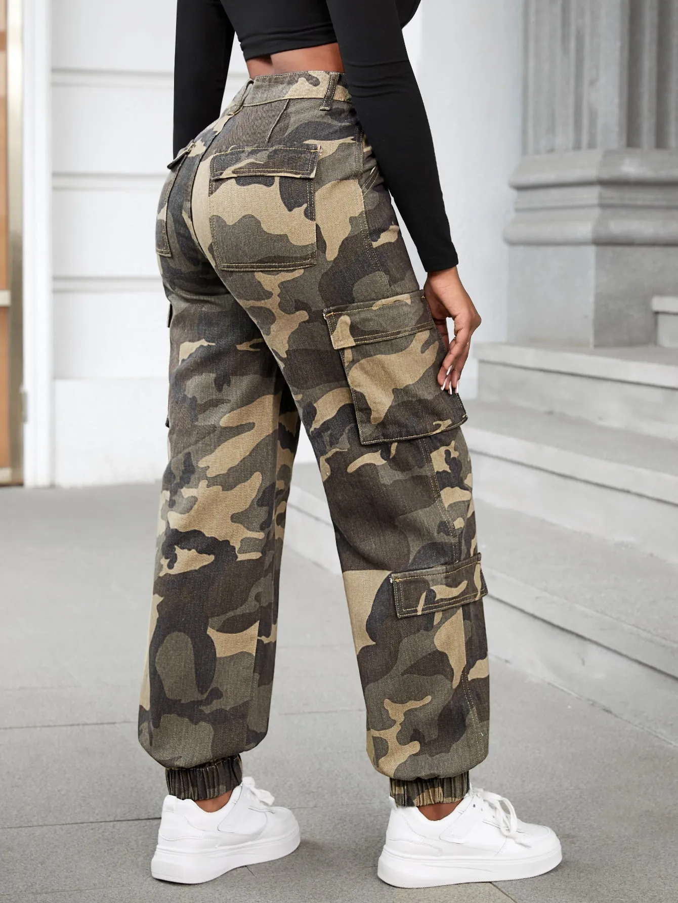 Camo Print Flap Pocket Side Cargo Jeans