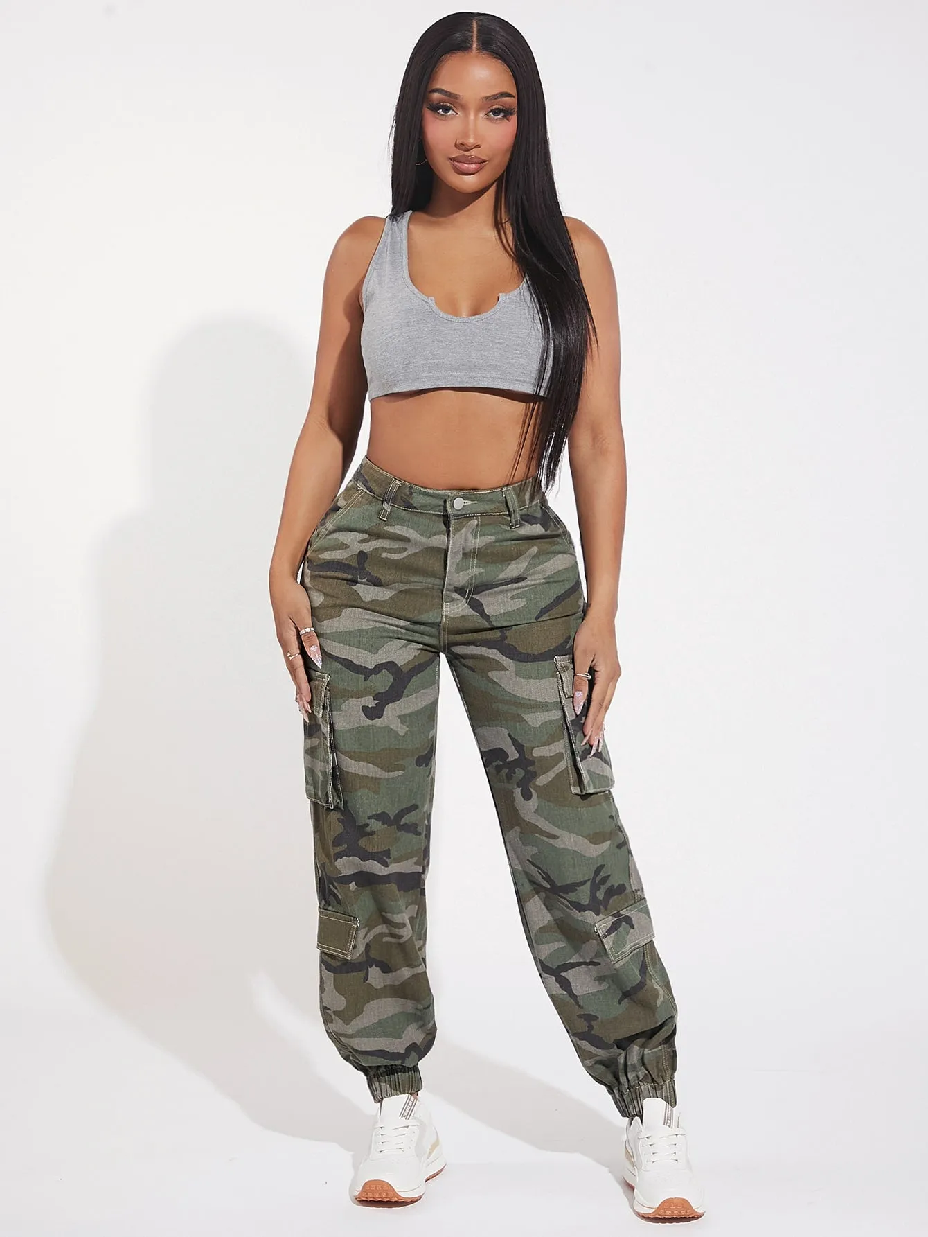 Camo Print Flap Pocket Side Cargo Jeans