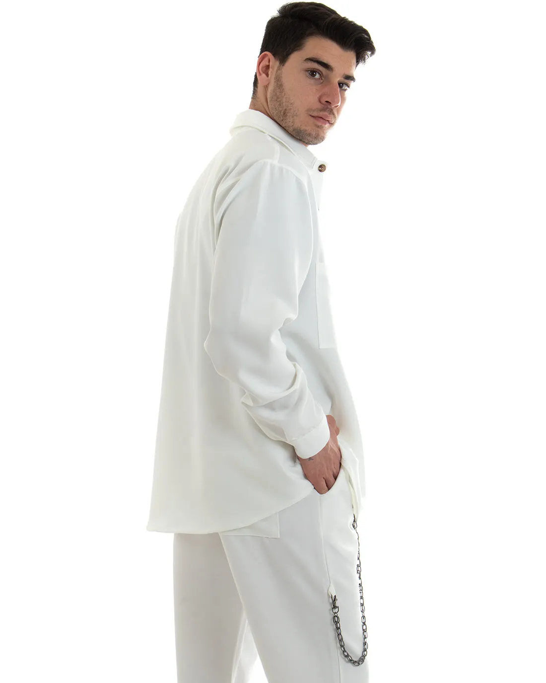 Completo Set Coordinato Uomo Viscosa Camicia Con Colletto Pantaloni Outfit Bianco GIOSAL-OU2254A