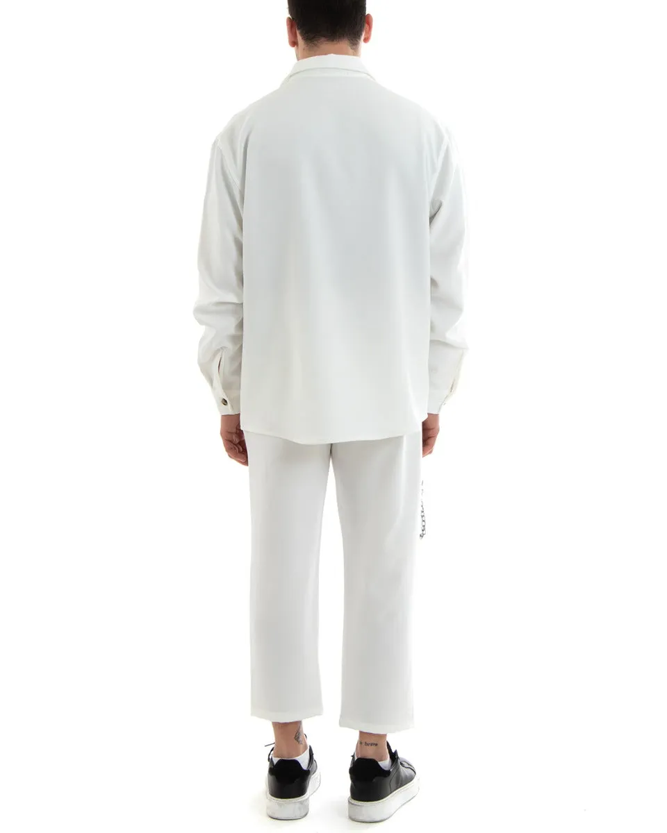 Completo Set Coordinato Uomo Viscosa Camicia Con Colletto Pantaloni Outfit Bianco GIOSAL-OU2254A