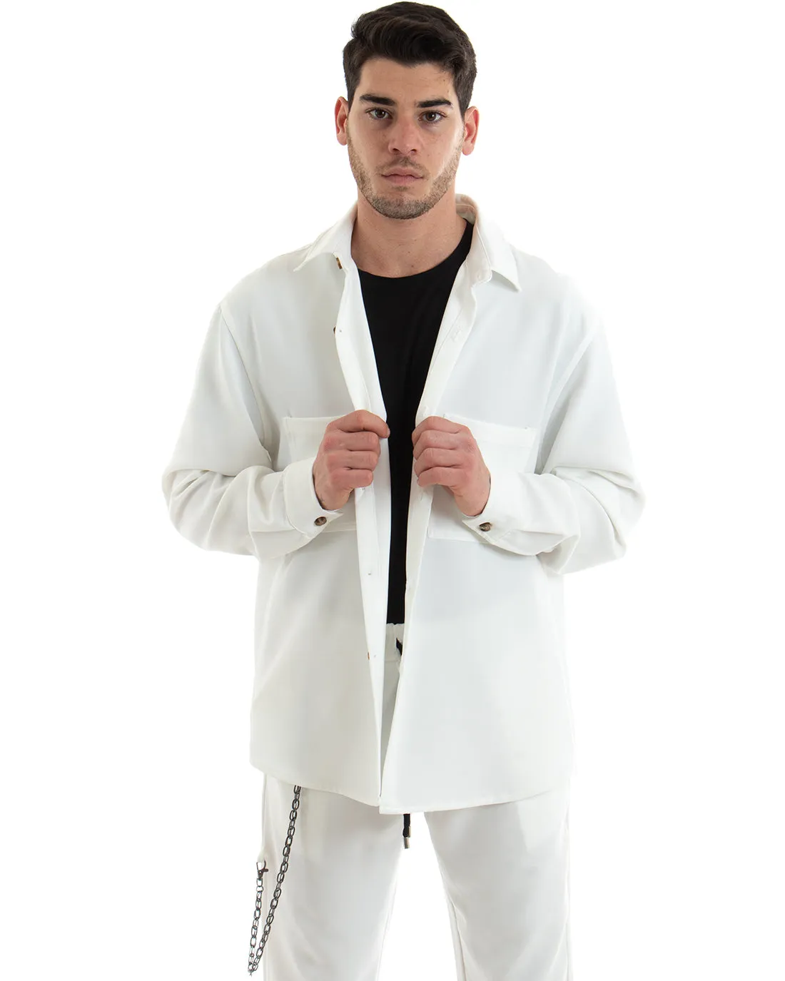 Completo Set Coordinato Uomo Viscosa Camicia Con Colletto Pantaloni Outfit Bianco GIOSAL-OU2254A