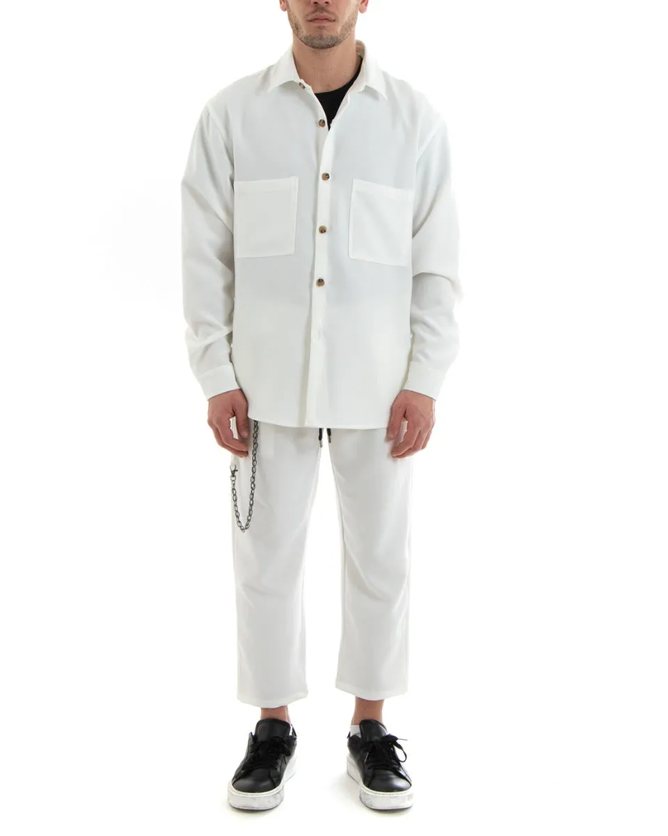 Completo Set Coordinato Uomo Viscosa Camicia Con Colletto Pantaloni Outfit Bianco GIOSAL-OU2254A