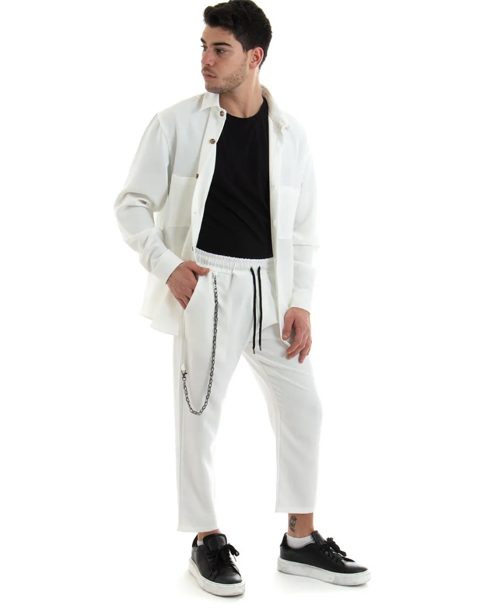 Completo Set Coordinato Uomo Viscosa Camicia Con Colletto Pantaloni Outfit Bianco GIOSAL-OU2254A