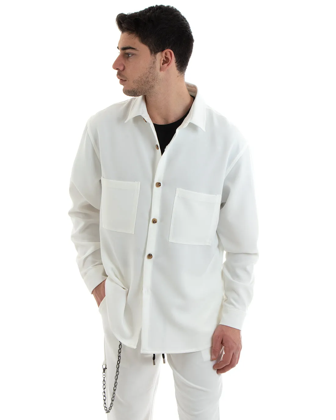 Completo Set Coordinato Uomo Viscosa Camicia Con Colletto Pantaloni Outfit Bianco GIOSAL-OU2254A