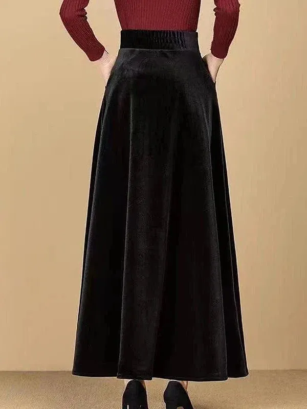 Elegant Black Gold Velvet Maxi Skirt with Pockets